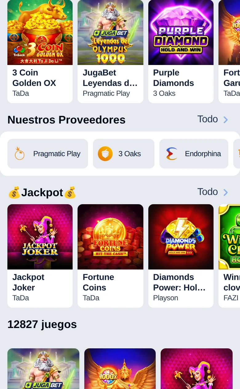 Lobby con proveedores y catálogo de juegos
