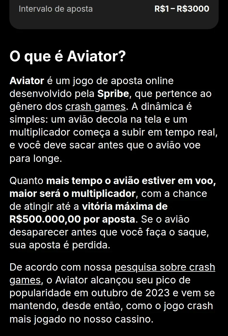 Página do Aviator na KTO, com o intervalo de aposta e a explicação da mecânica