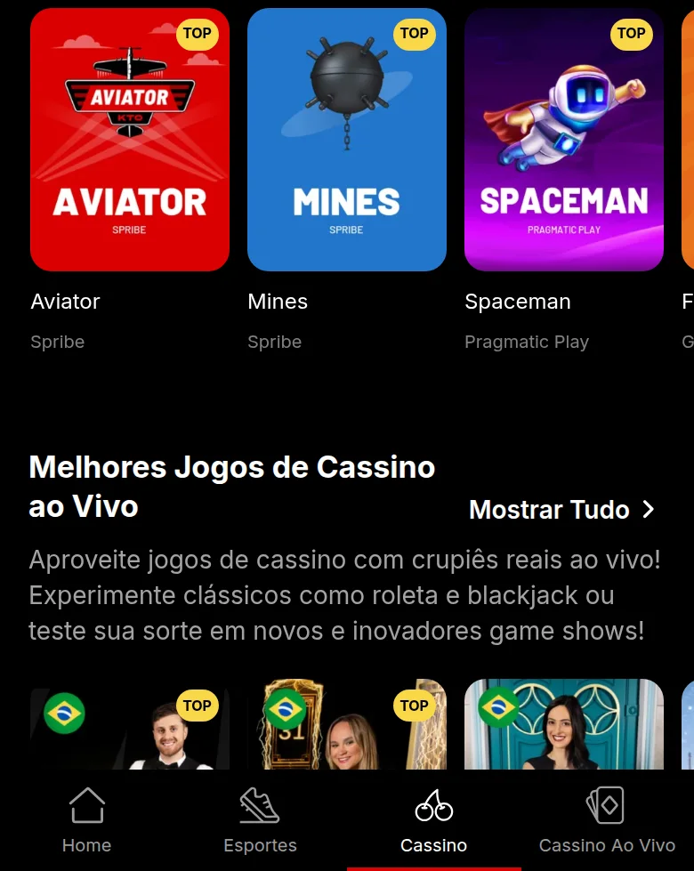 Casino da KTO com Aviator, Mines e Spaceman, cada um com o fornecedor nomeado por baixo — Spribe e Pragmatic Play