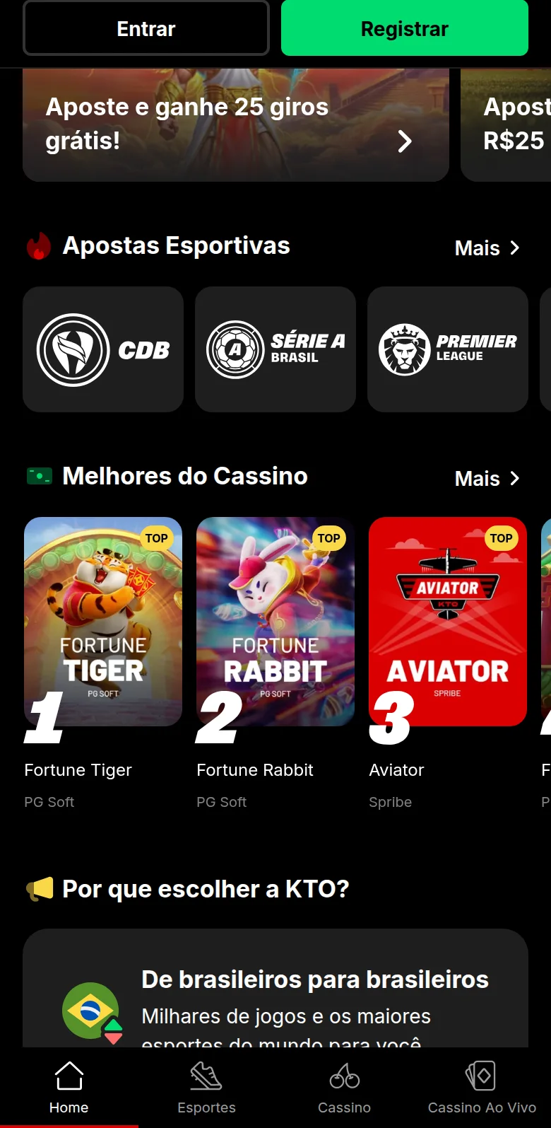 Home da KTO com «aposte e ganhe 25 giros grátis», CBF, Série A e Premier League, e o mote «de brasileiros para brasileiros»