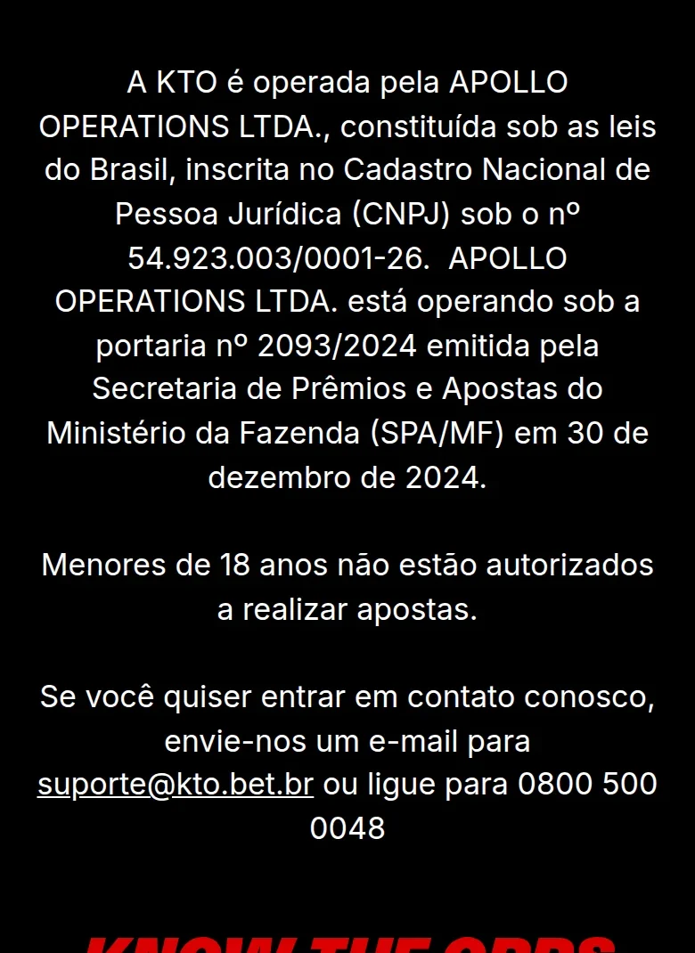 Rodapé da KTO com a sociedade, o CNPJ, a portaria e os contatos