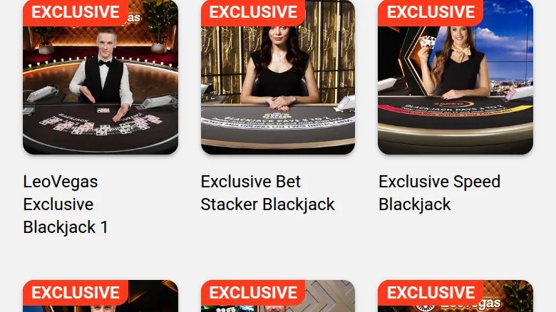 LeoVegas Exclusive Blackjack 1, Exclusive Bet Stacker Blackjack and Exclusive Speed Blackjack, each flagged EXCLUSIVE