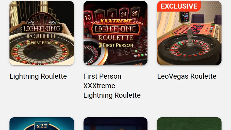 The roulette shelf: Lightning Roulette, First Person XXXtreme Lightning Roulette and LeoVegas Roulette, flagged EXCLUSIVE