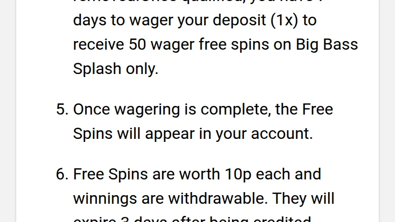 The numbered offer conditions: wager your deposit 1x, 50 wager free spins, 10p each, withdrawable, expire 3 days after crediting