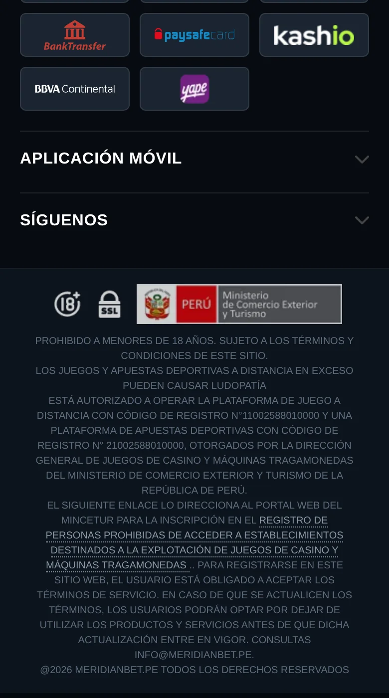 Pie de página de Meridianbet con el logotipo del Mincetur y los dos códigos de registro