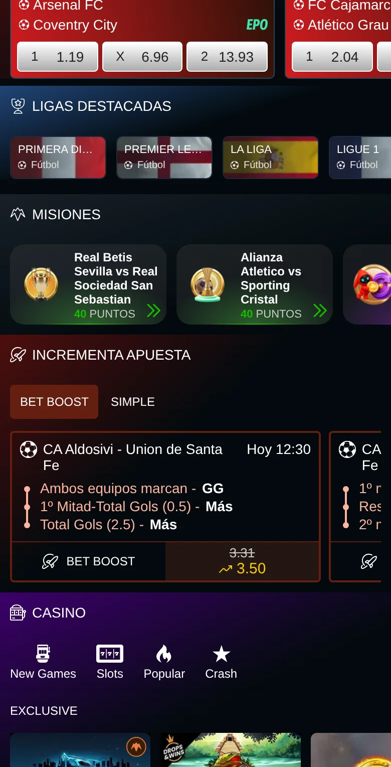 Lobby de Meridianbet con ligas destacadas, misiones y el Bet Boost
