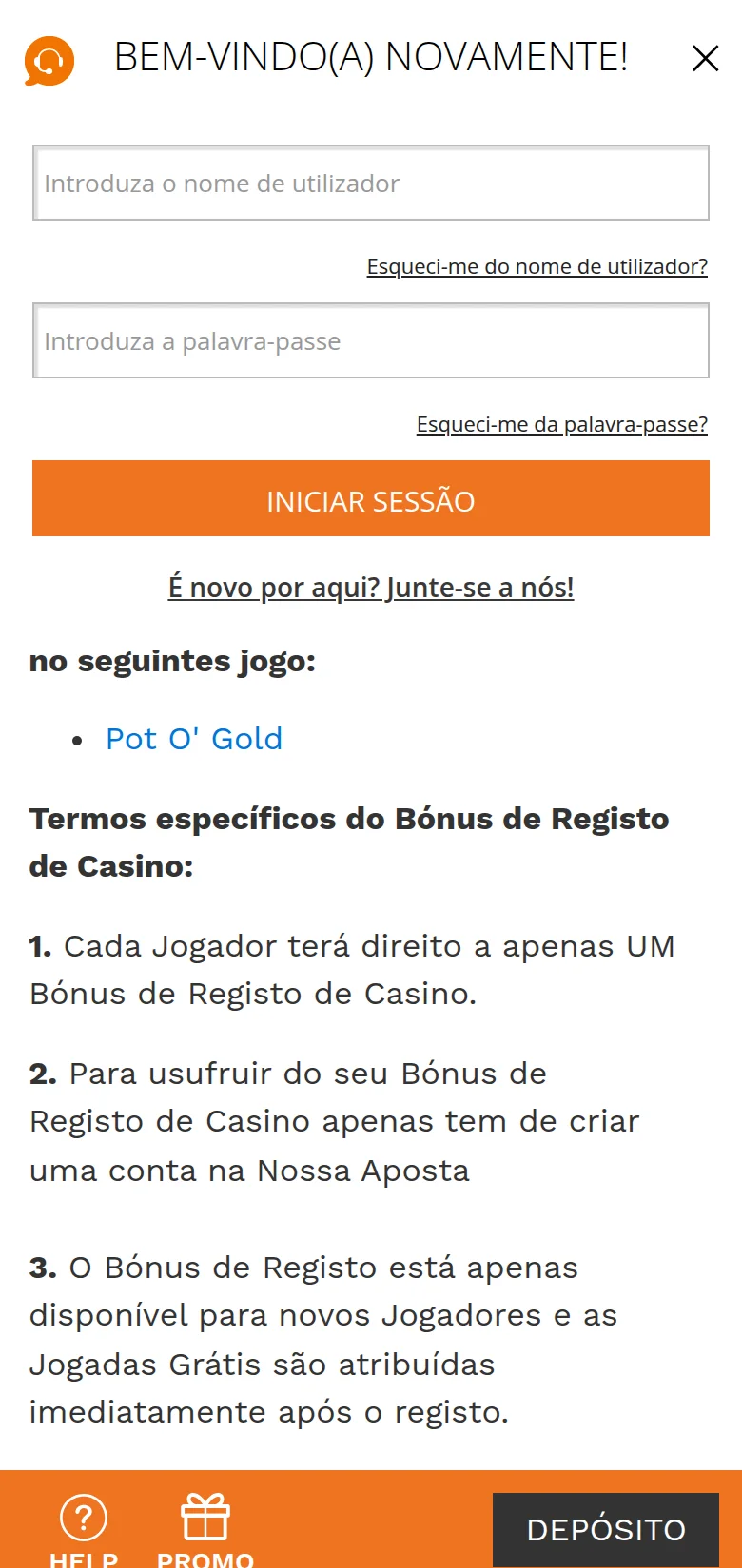 Página do Bónus de Registo de Casino da Nossa Aposta, com as 25 jogadas grátis na slot Pot O' Gold e o requisito de aposta de 2 vezes