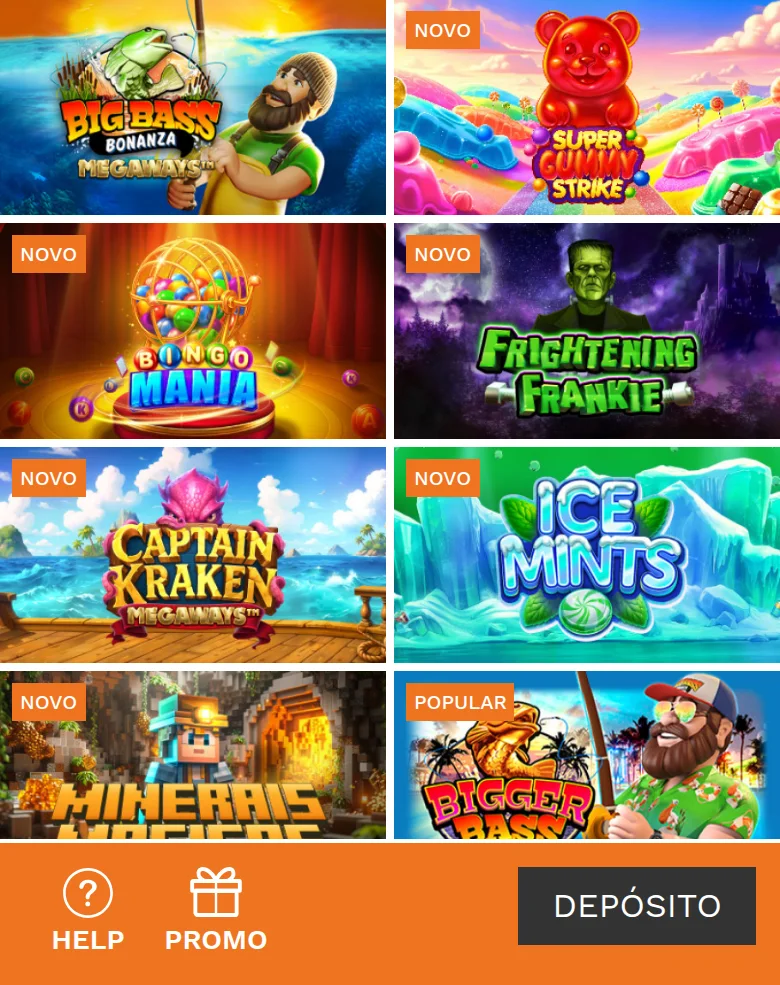 Lobby de casino da Nossa Aposta, com as categorias Destaques, Novidades, Top 20, Slots, Roleta e Blackjack
