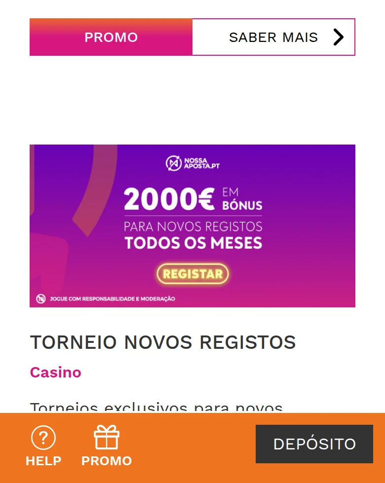 Página de promoções da Nossa Aposta, com as quatro campanhas de casino: Sorte às Quintas, Torneios Caça Prémios, Torneio Novos Registos e Bónus de Registo