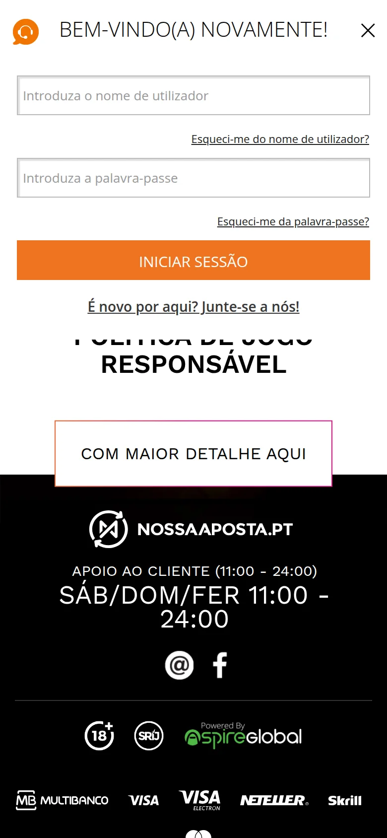 Página de jogo responsável da Nossa Aposta