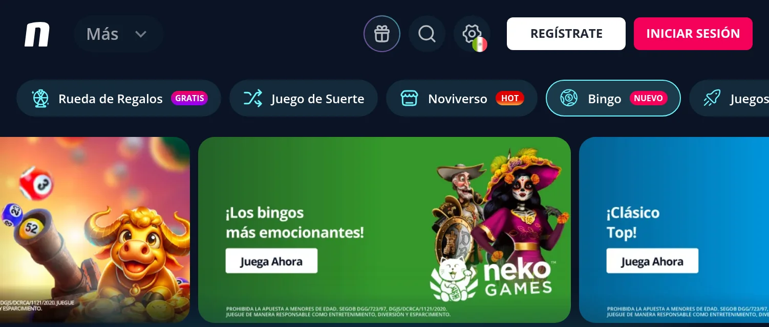 Menú del casino de Novibet con los banners promocionales y el aviso legal impreso dentro