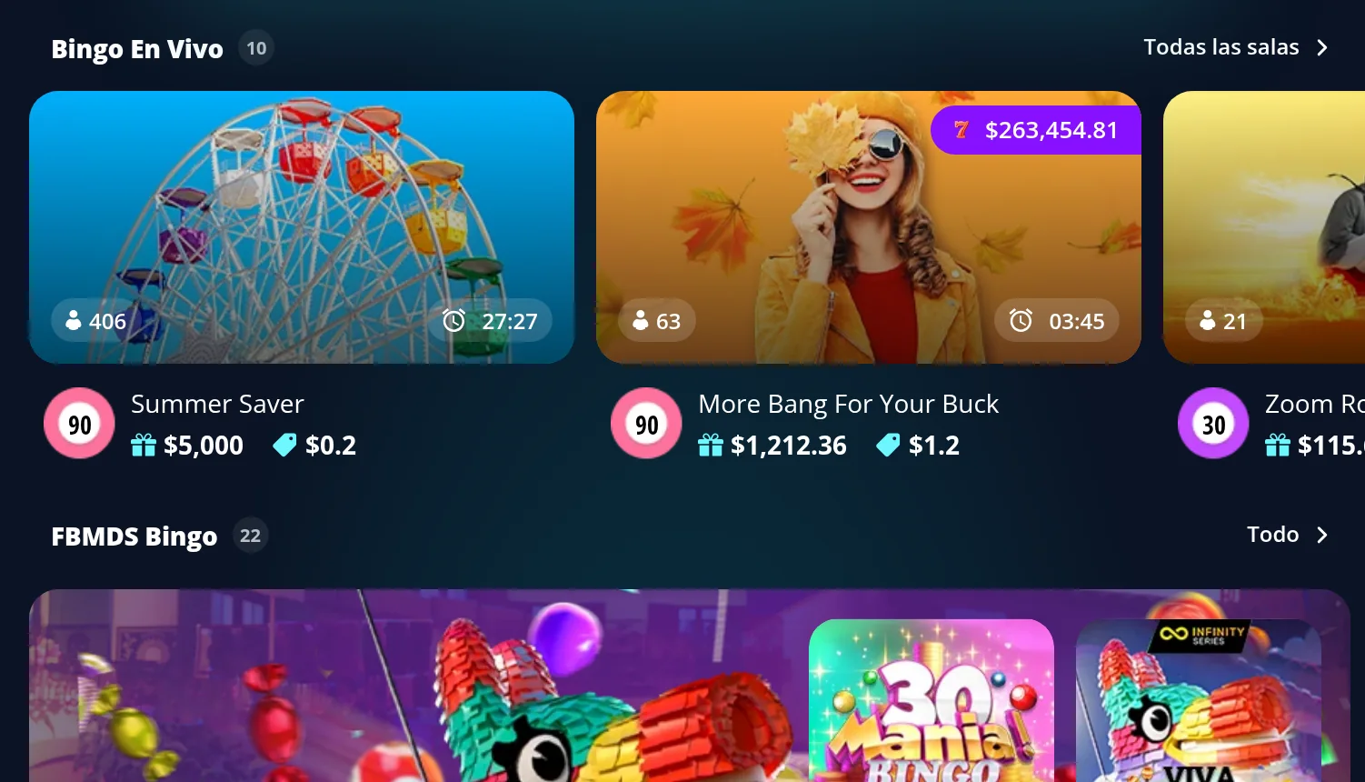 Salas de bingo en vivo con premio, precio de cartón, jugadores y cuenta atrás