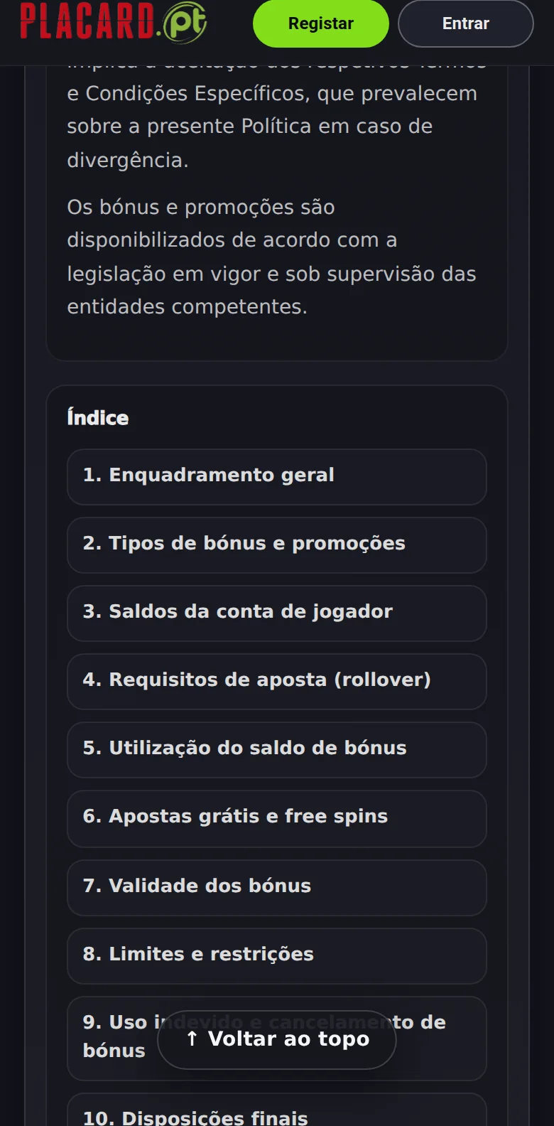 Política de Bónus do Placard, com a definição dos cinco tipos de saldo