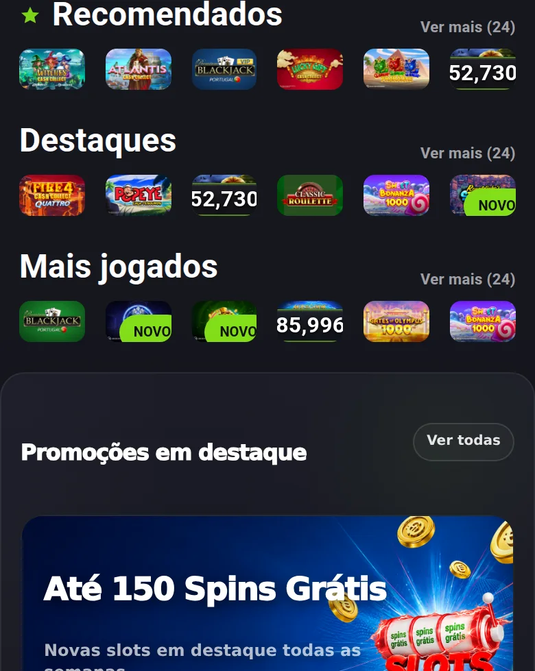 Lobby de casino do Placard, com as categorias de jogo