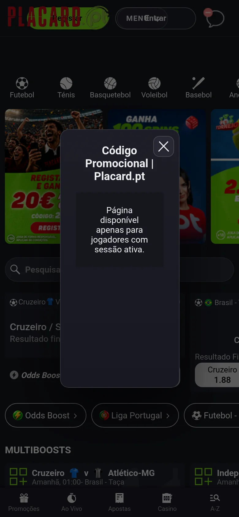 Placard.pt — a página de código promocional, onde os códigos JOGOVIP e JOGOMAX se aplicam
