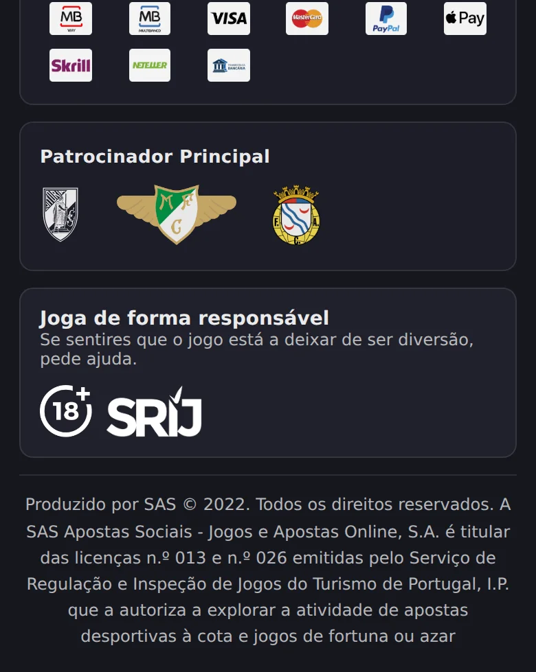 Rodapé do Placard.pt com os métodos de pagamento, o patrocínio principal, o selo do SRIJ e a identificação da SAS — Apostas Sociais