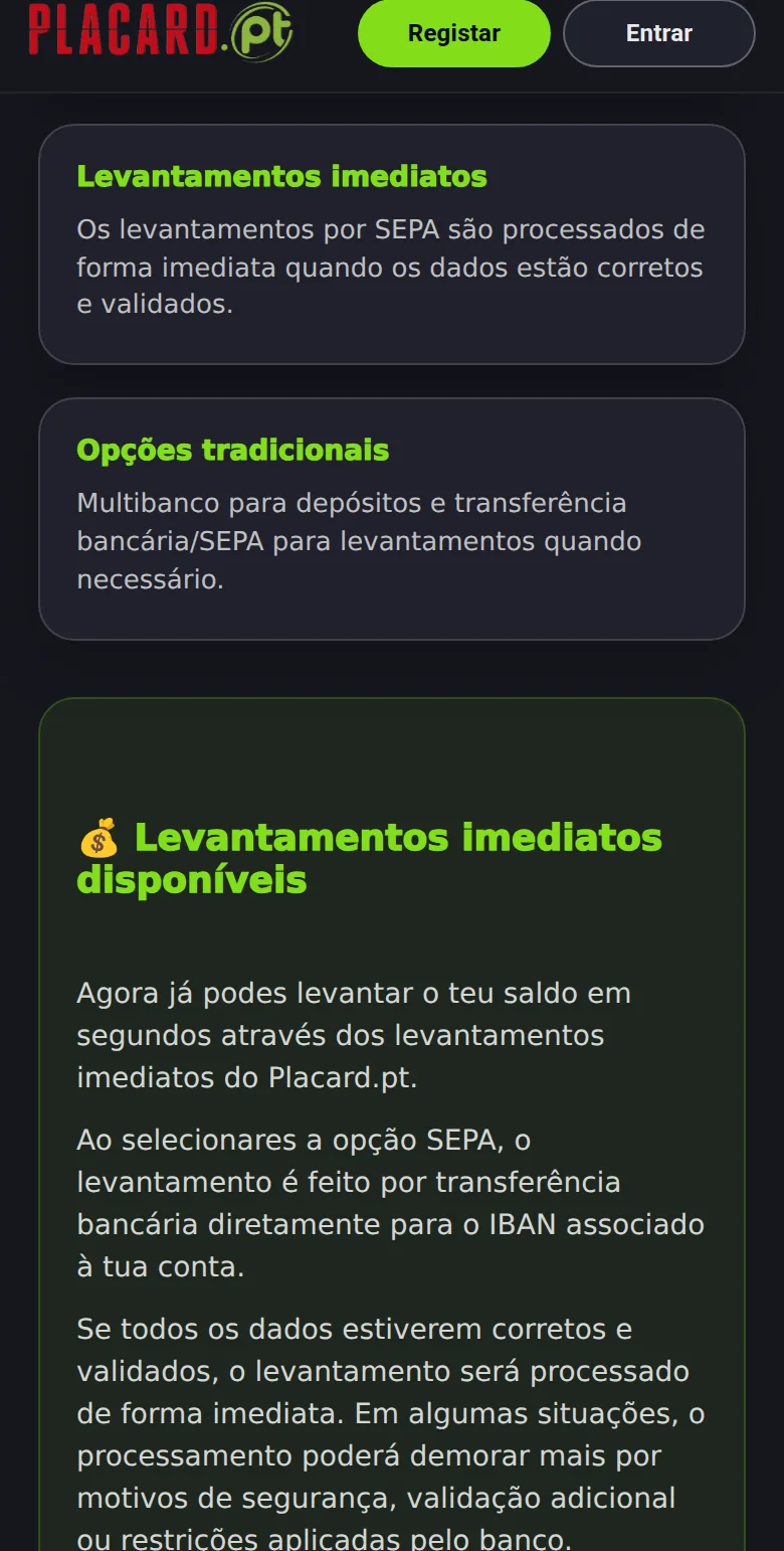 Página de métodos de depósito e levantamento do Placard.pt, com MB WAY, Apple Pay e cartões nos depósitos e levantamentos imediatos por SEPA