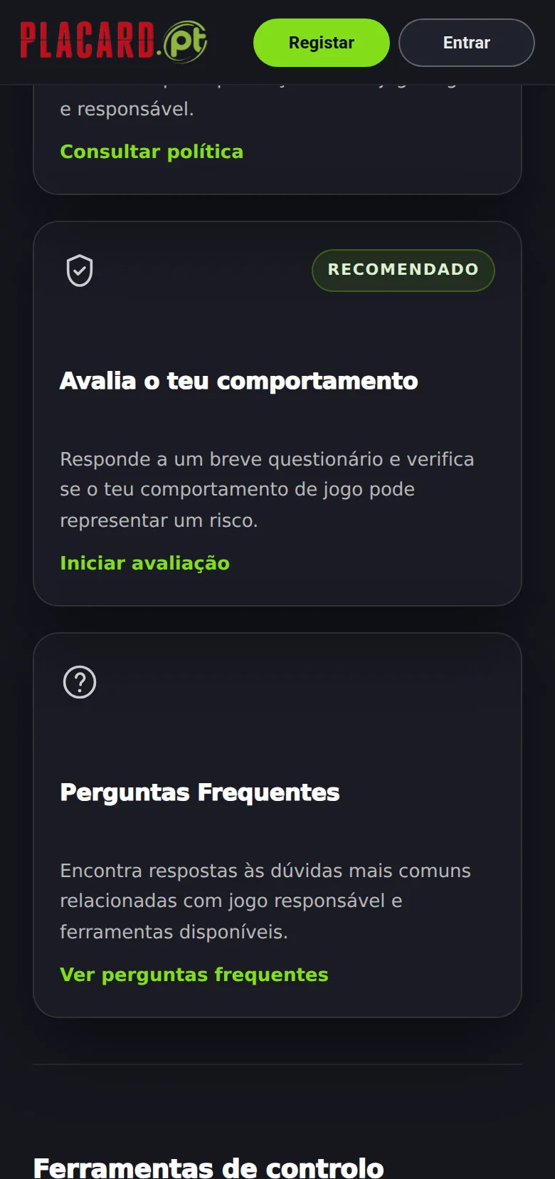 Página de jogo responsável do Placard