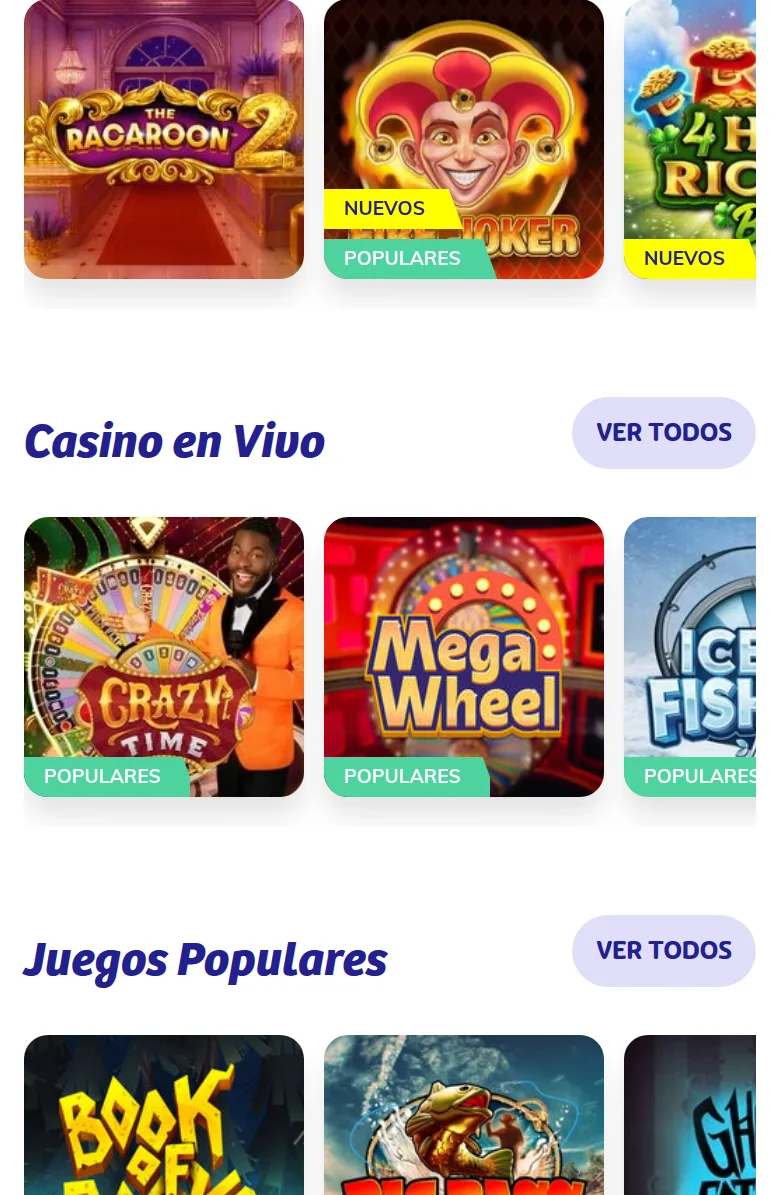 El lobby de PlayUZU: Bacaroon 2 y los juegos nuevos, la fila de «Casino en Vivo» con Crazy Time y Mega Wheel, y «Juegos Populares»