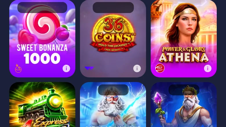 ボーナス購入の欄。Sweet Bonanza 1000、36 Coins、Power & Glory Athena