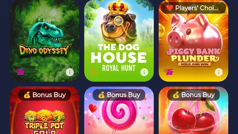ボーナス購入の欄の続き。Dino Odyssey、The Dog House Royal Hunt、Piggy Bank Plunder