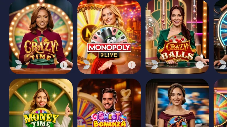ゲームショウの欄。Crazy Time、Monopoly Live、Crazy Balls