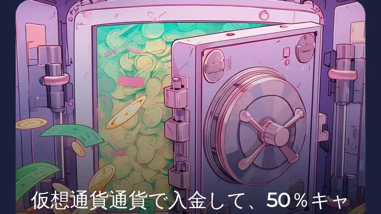 ライブのバナー「仮想通貨通貨で入金して、50%キャ…」