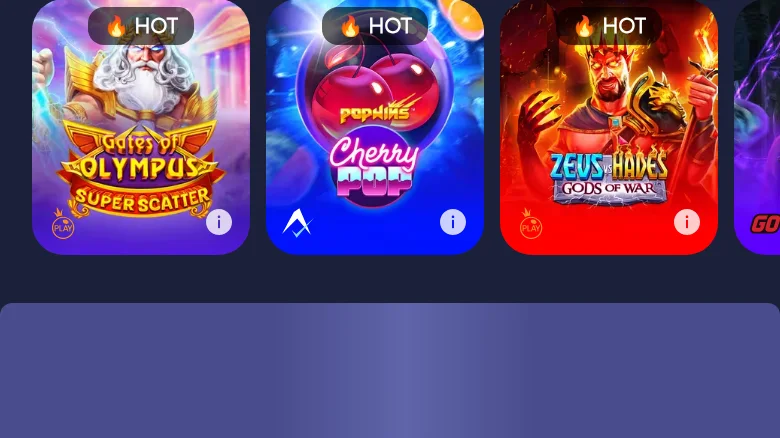 「HOT」タグの付いた Gates of Olympus Super Scatter、CherryPop、Zeus vs Hades
