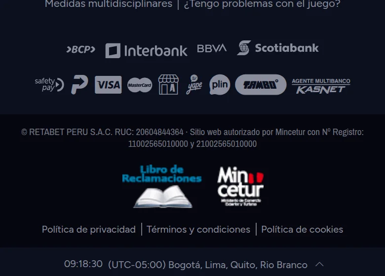 Bloque legal de Retabet con el RUC, los dos registros del Mincetur y el Libro de Reclamaciones