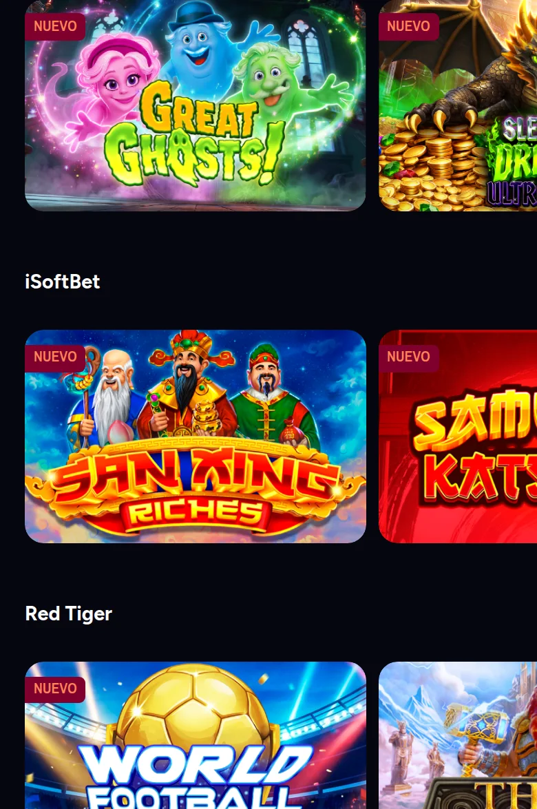 Tragamonedas da Retabet ordenadas por fornecedor: Great Ghosts, depois iSoftBet e Red Tiger com cabeçalho próprio
