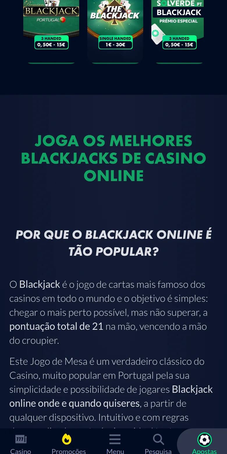Mesas de blackjack da Solverde com os limites por mesa — 0,50 € a 15 €, 1 € a 20 € — incluindo a de Prémio Especial
