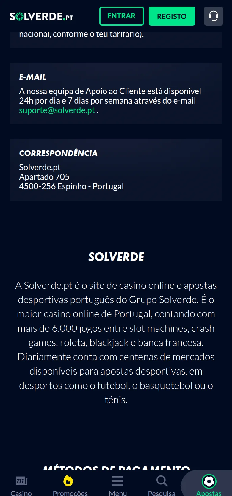 Solverde.pt — a página de contactos
