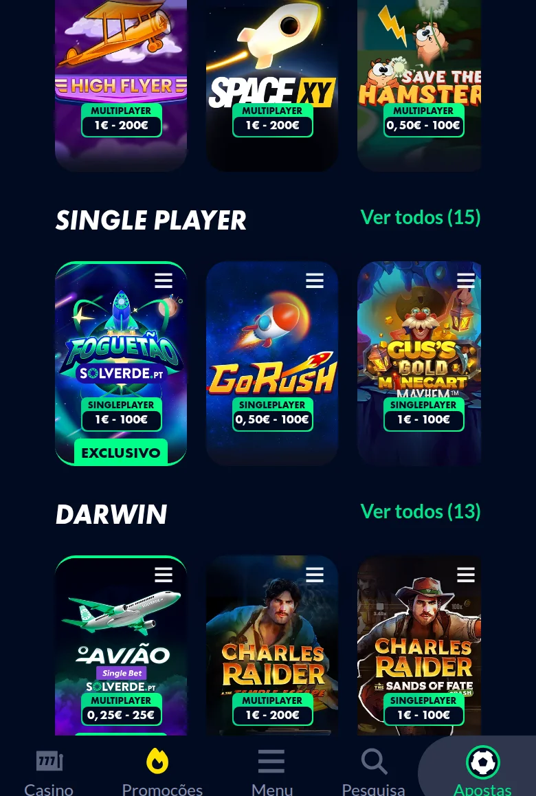 Crash games da Solverde — High Flyer, Space XY e Aviãozinho — cada um com o intervalo de aposta à vista