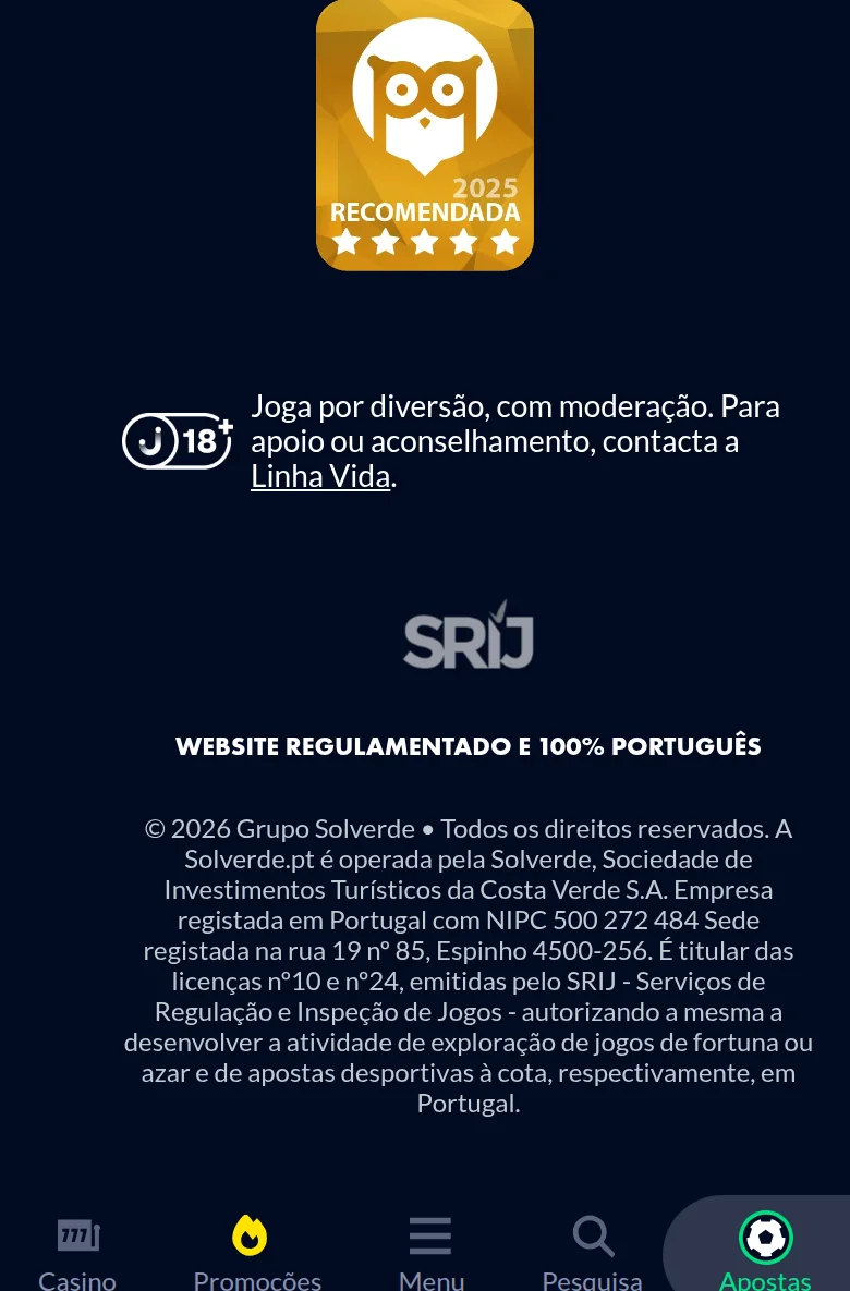 Rodapé da Solverde com o selo do SRIJ, o NIPC 500 272 484 e as licenças n.º 10 e n.º 24 emitidas pelo regulador