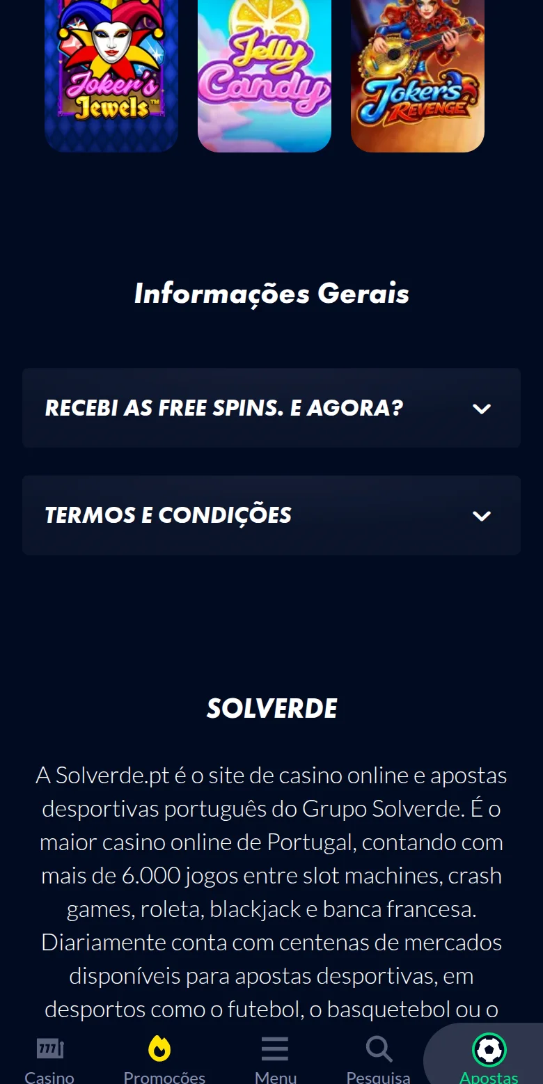Página do Bónus Grátis da Solverde.pt, com o regulamento das free spins e o requisito mínimo de aposta de 1x em slots