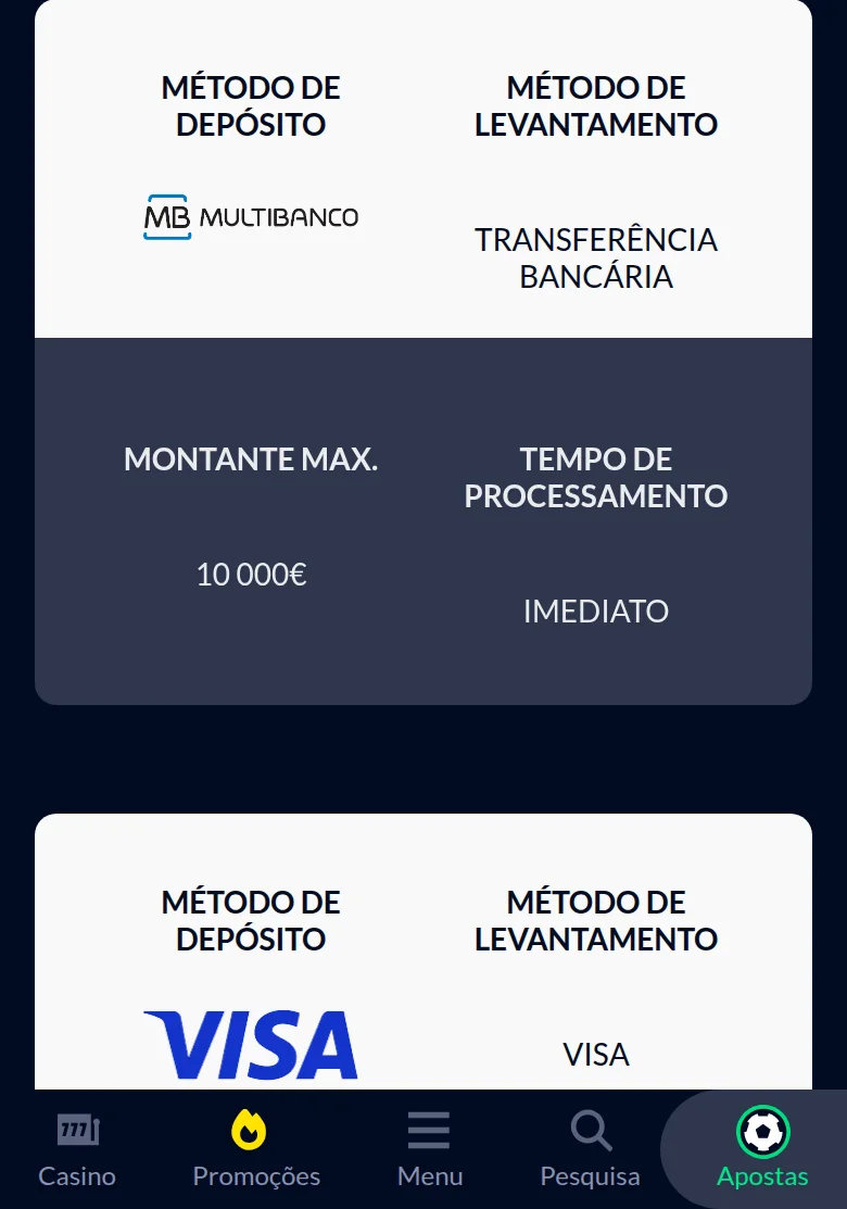 Página de métodos de depósito e levantamento da Solverde.pt, com as colunas montante máximo e tempo de processamento — transferência bancária e Visa até 10 000 €, todos imediatos