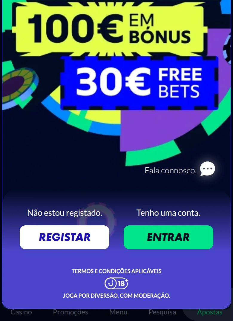 Oferta de boas-vindas da Solverde: 100 € em bónus e 30 € em free bets, com o aviso de termos e condições aplicáveis