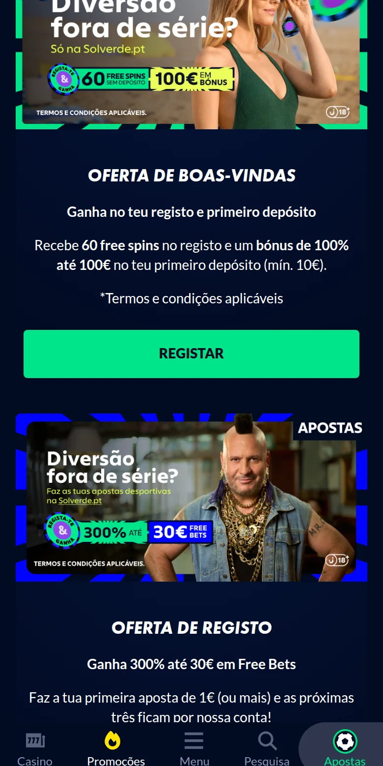 Listagem de promoções da Solverde.pt, com as campanhas de casino em cartões