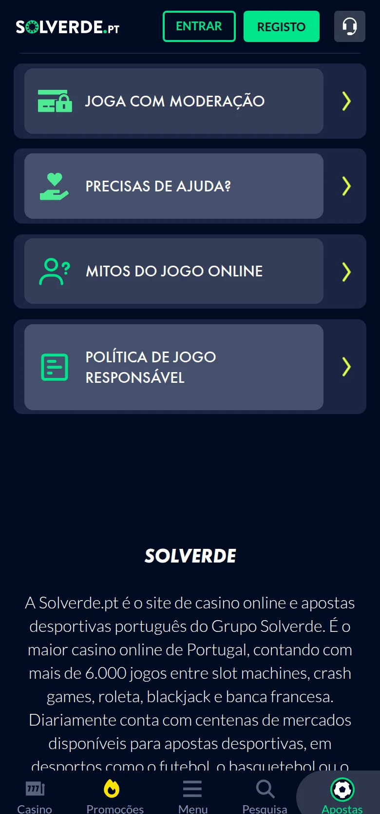 Página de jogo responsável da Solverde.pt