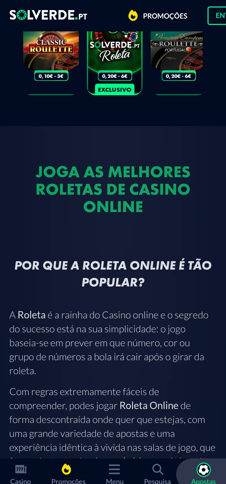 Roletas da Solverde com os limites por mesa — 0,30 € a 3 €, a 6 € e a 100 € — seguidas do texto explicativo da própria casa