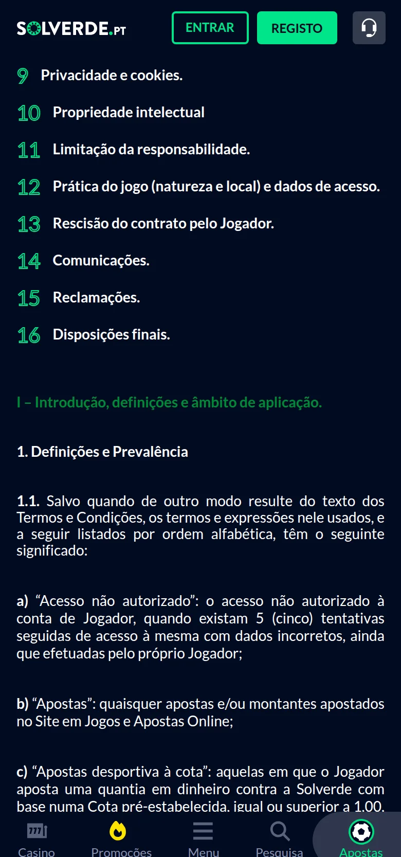Termos e Condições gerais da Solverde.pt