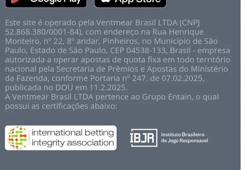 Rodapé da Sportingbet com a sociedade, o CNPJ, o endereço, a portaria e as certificações