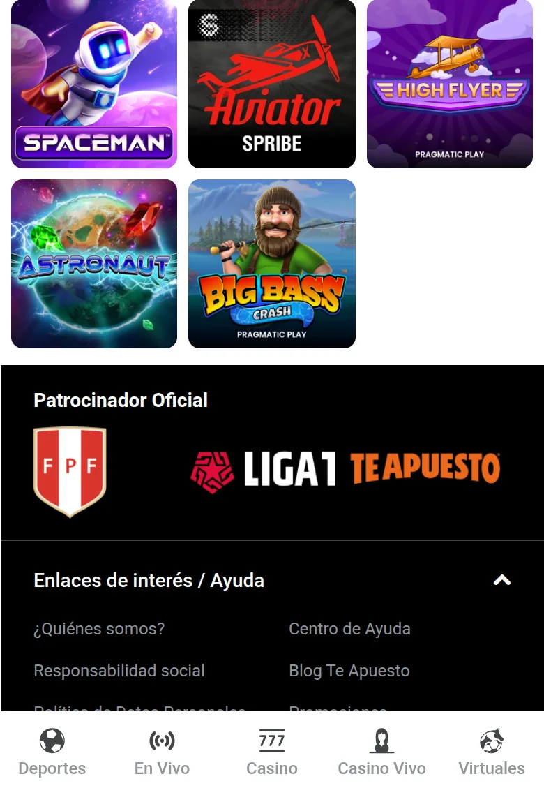 Crash games da Te Apuesto: Spaceman, Aviator da Spribe, High Flyer e Big Bass Crash, e o patrocínio oficial da Liga 1 com a FPF