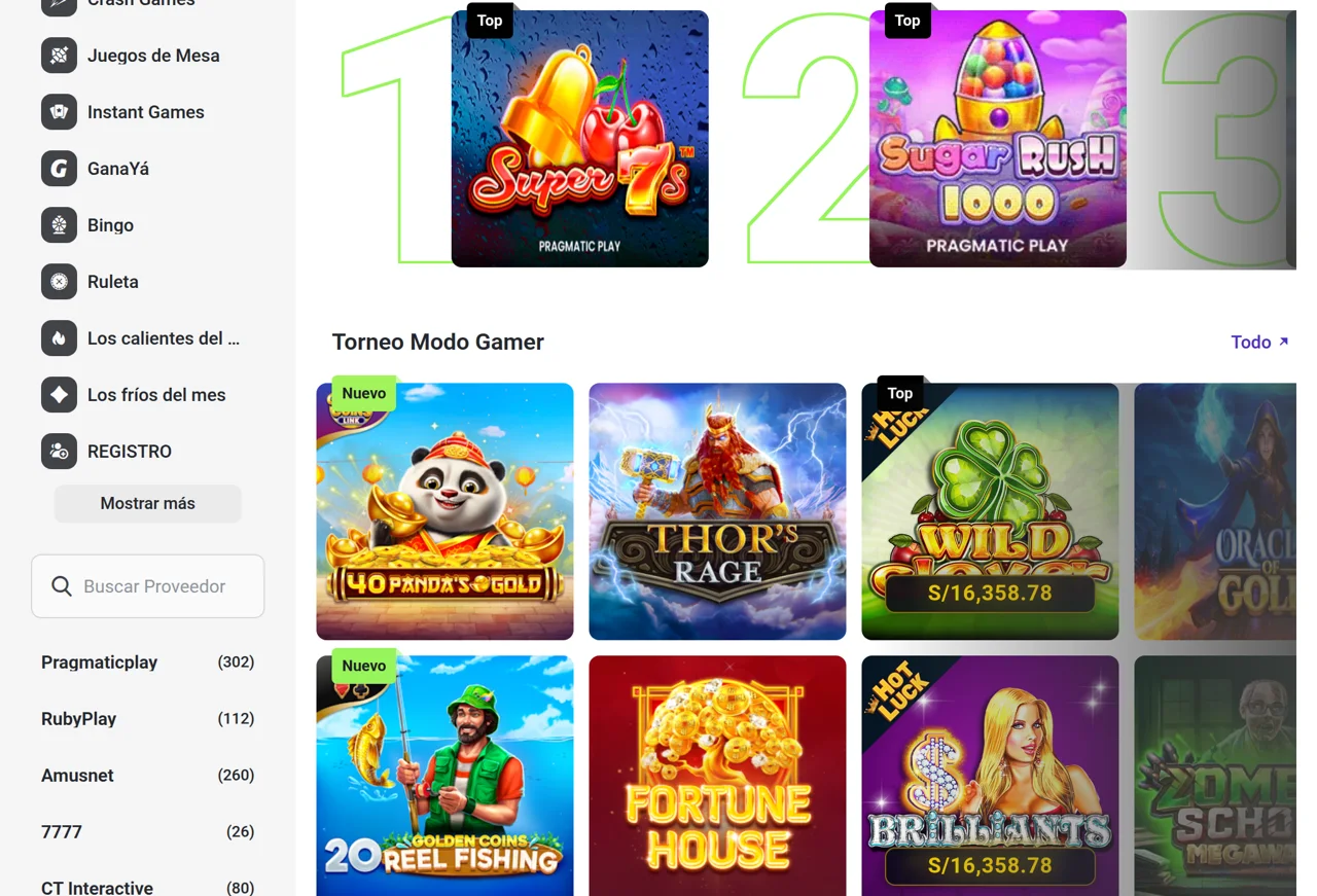 Lobby del casino con las categorías y el contador de juegos por proveedor