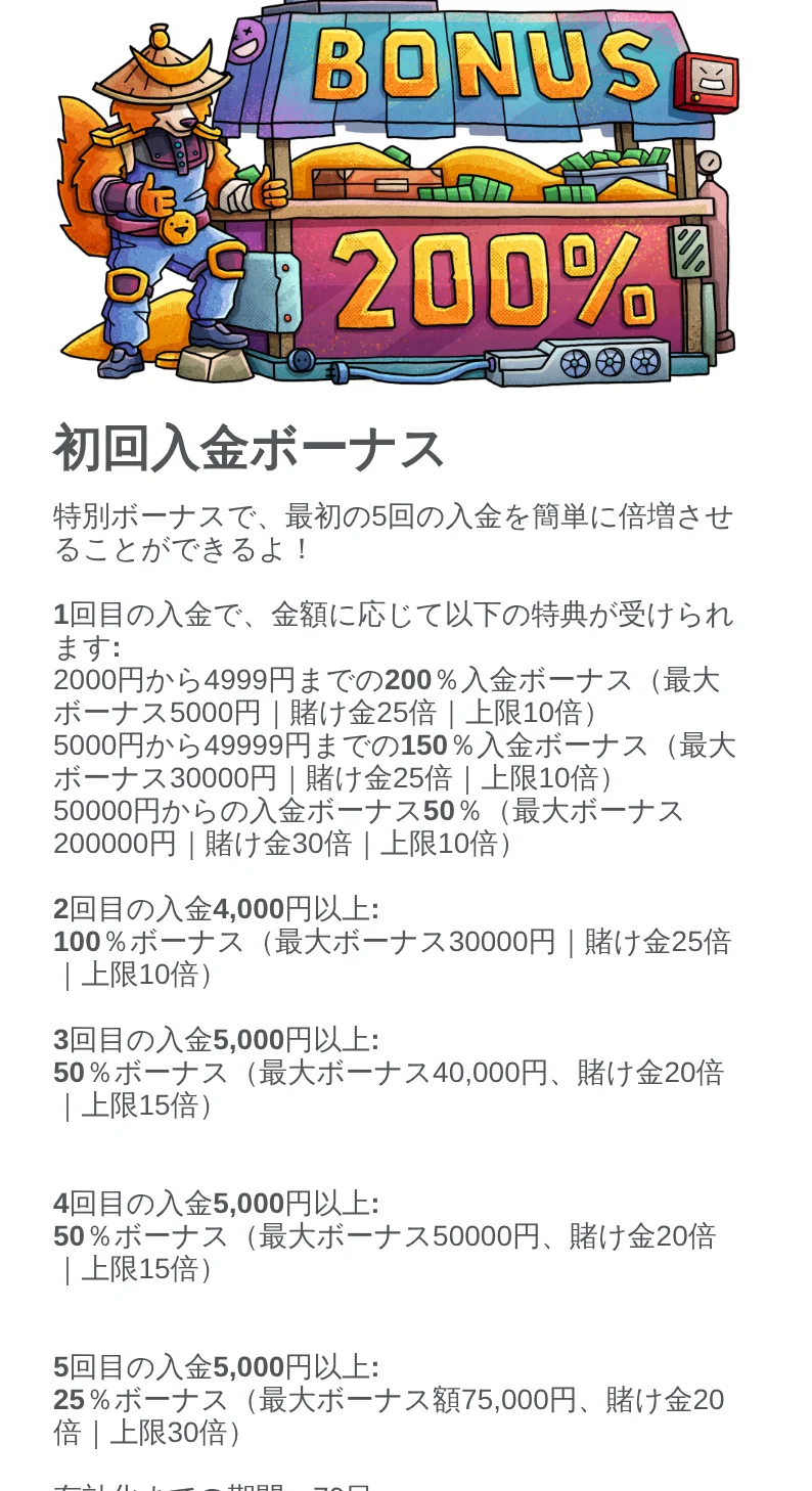 初回入金ボーナス。金額帯ごとの条件