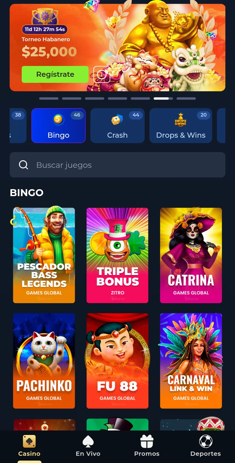 Bingo da Winpot com Pescador Bass Legends, Triple Bonus, Catrina, Pachinko e Fu 88