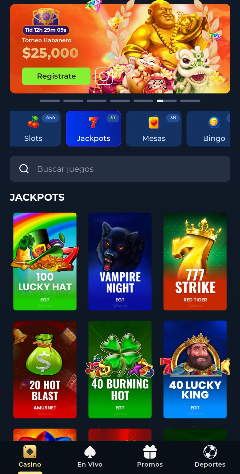 Sección de jackpots de Winpot con juegos de EGT, Playtech y otros