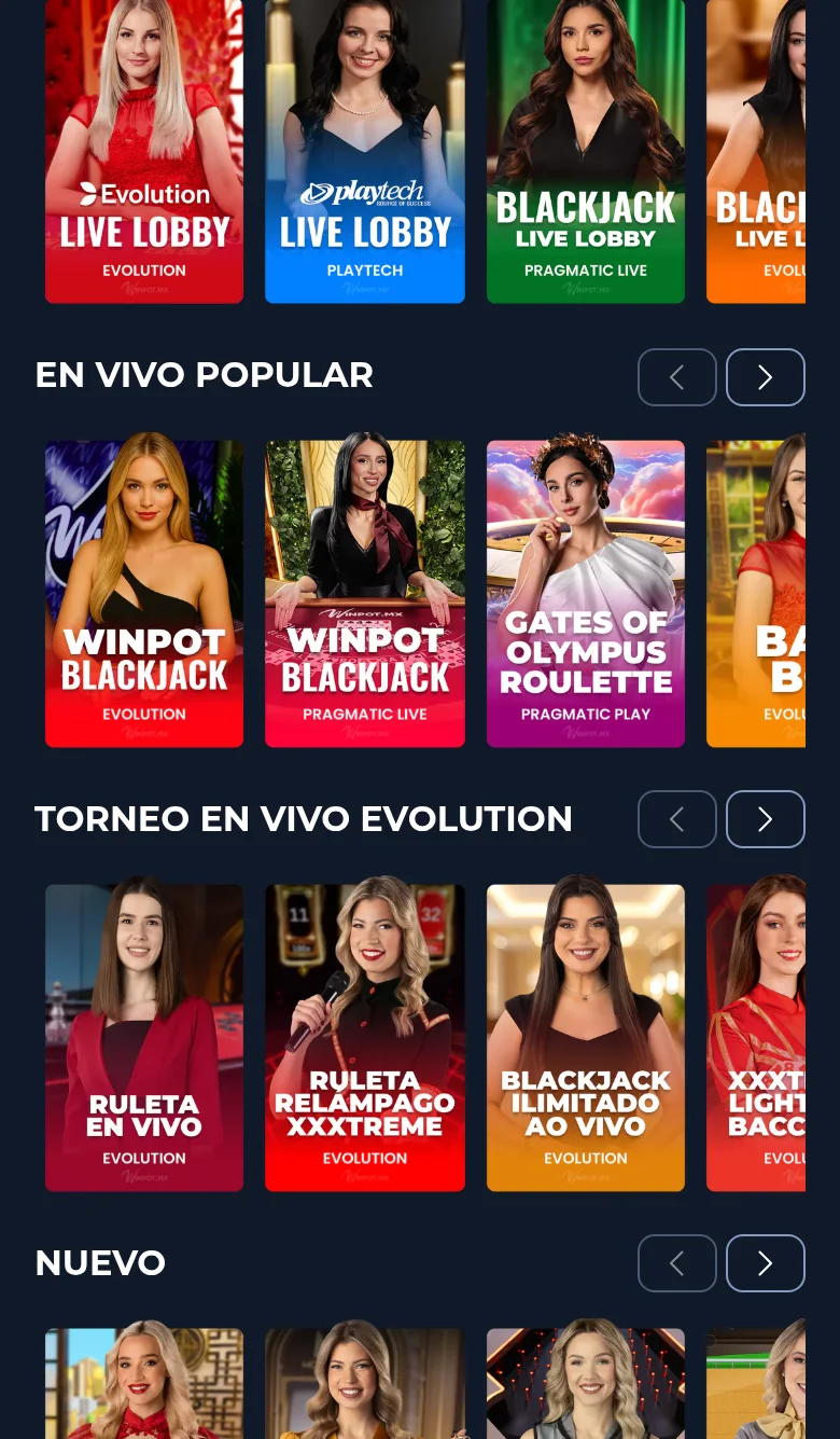 Lobby del casino en vivo de Winpot con mesas de Evolution, Playtech y Pragmatic