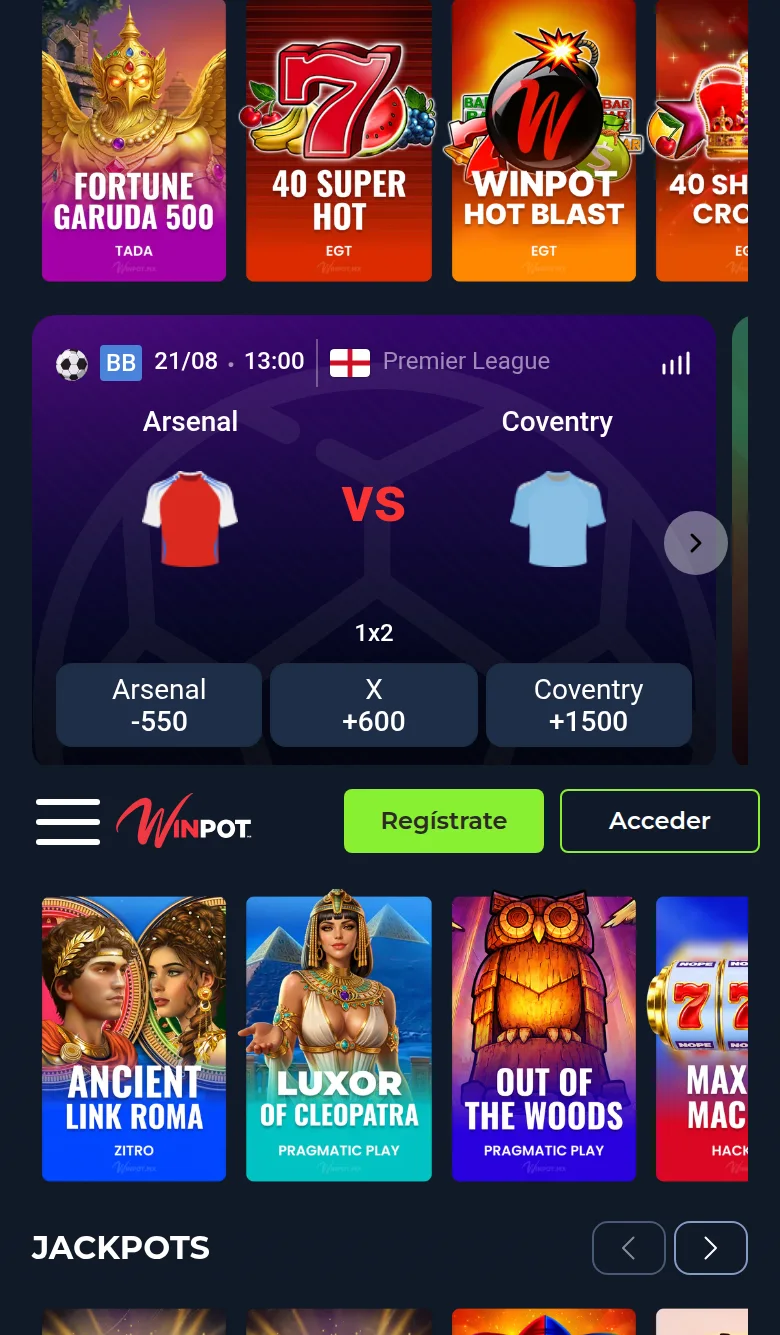 Lobby del casino de Winpot con juegos y el widget de apuestas deportivas