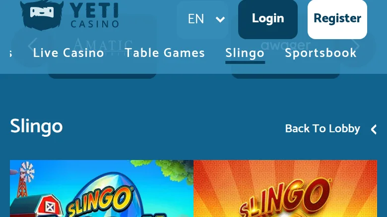 L'en-tête de Yeti Casino, avec le sélecteur de langue